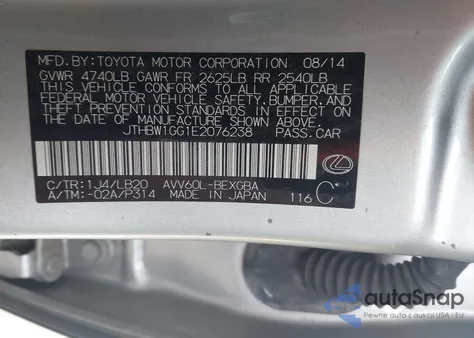 2014 Lexus Es 300H z USA, uszkodzony, nr VIN JTHBW1GG1E2076238